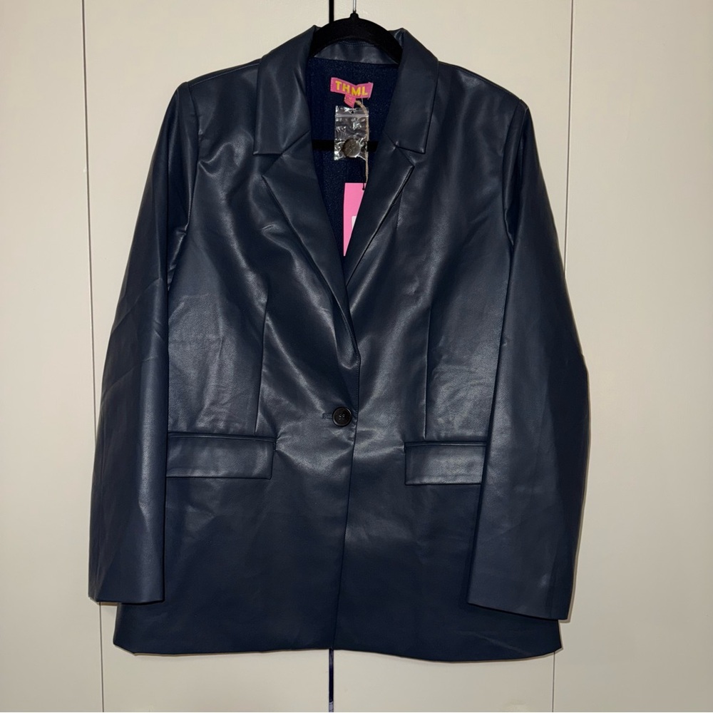 Savannah Sevens Women's Navy Faux Leather Blazer NWT